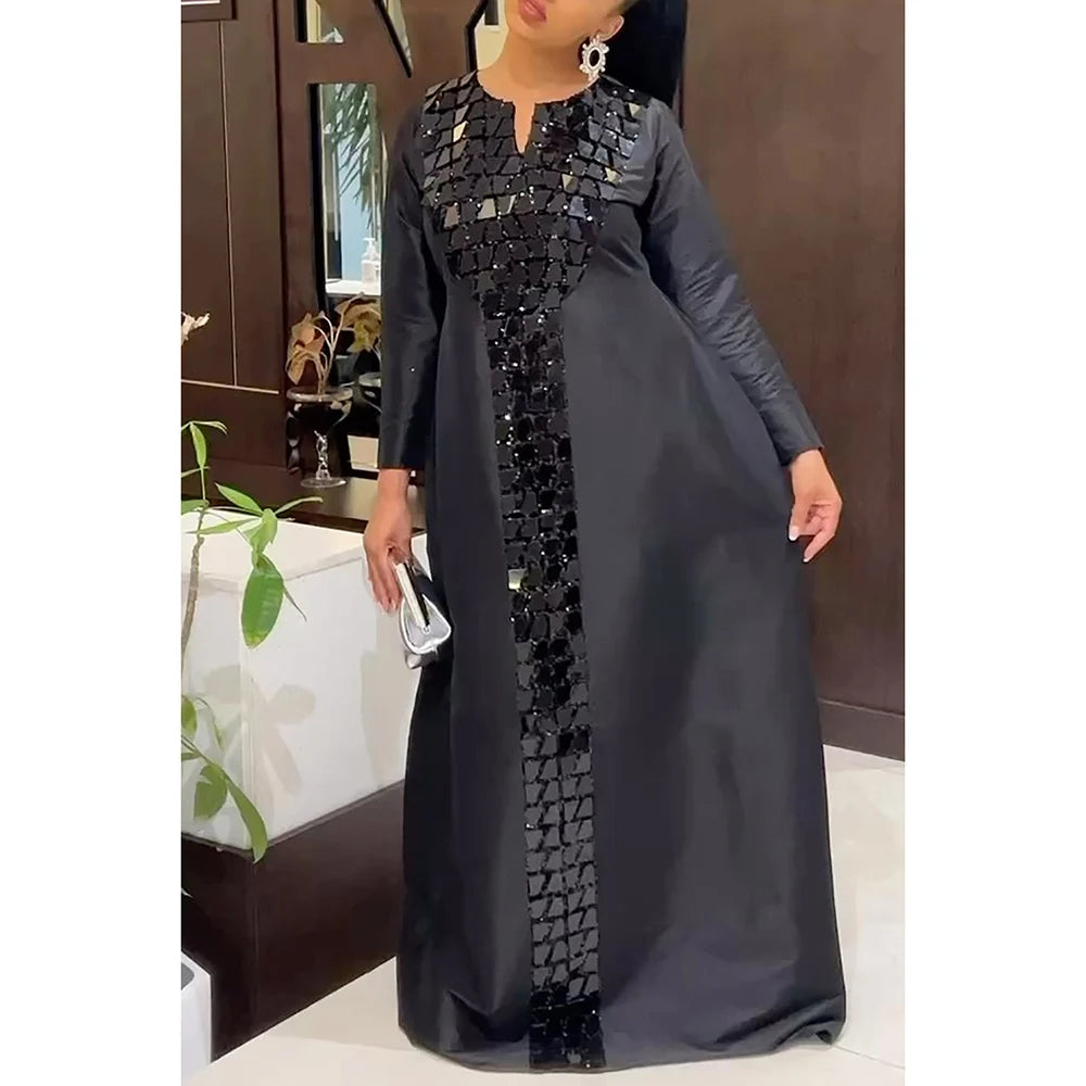 Elegant Plus Size Black Satin Dress with Sequins