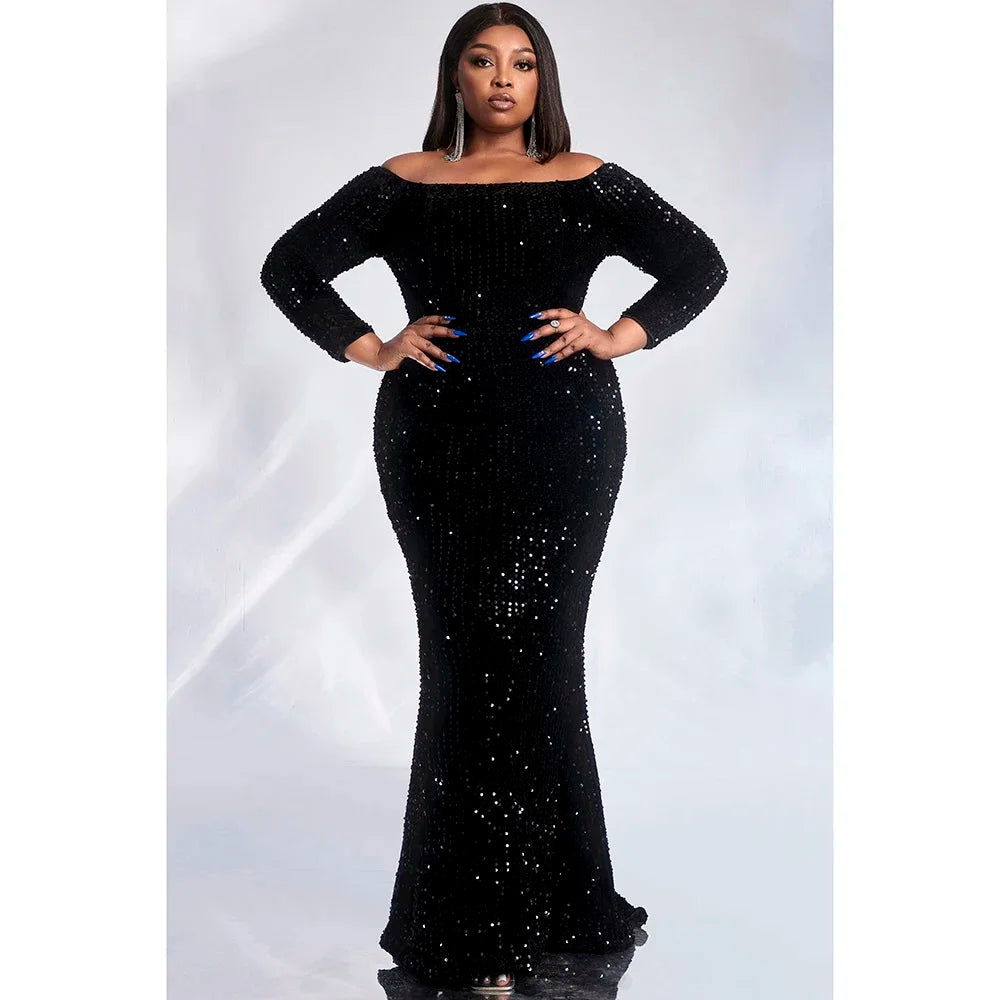 Elegant Plus Size Black Satin Dress with Sequins