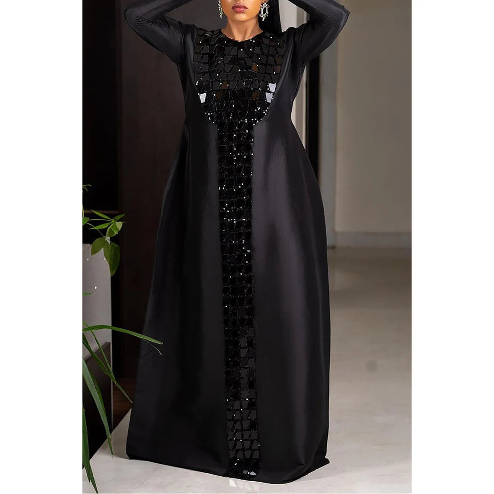 Elegant Plus Size Black Satin Dress with Sequins